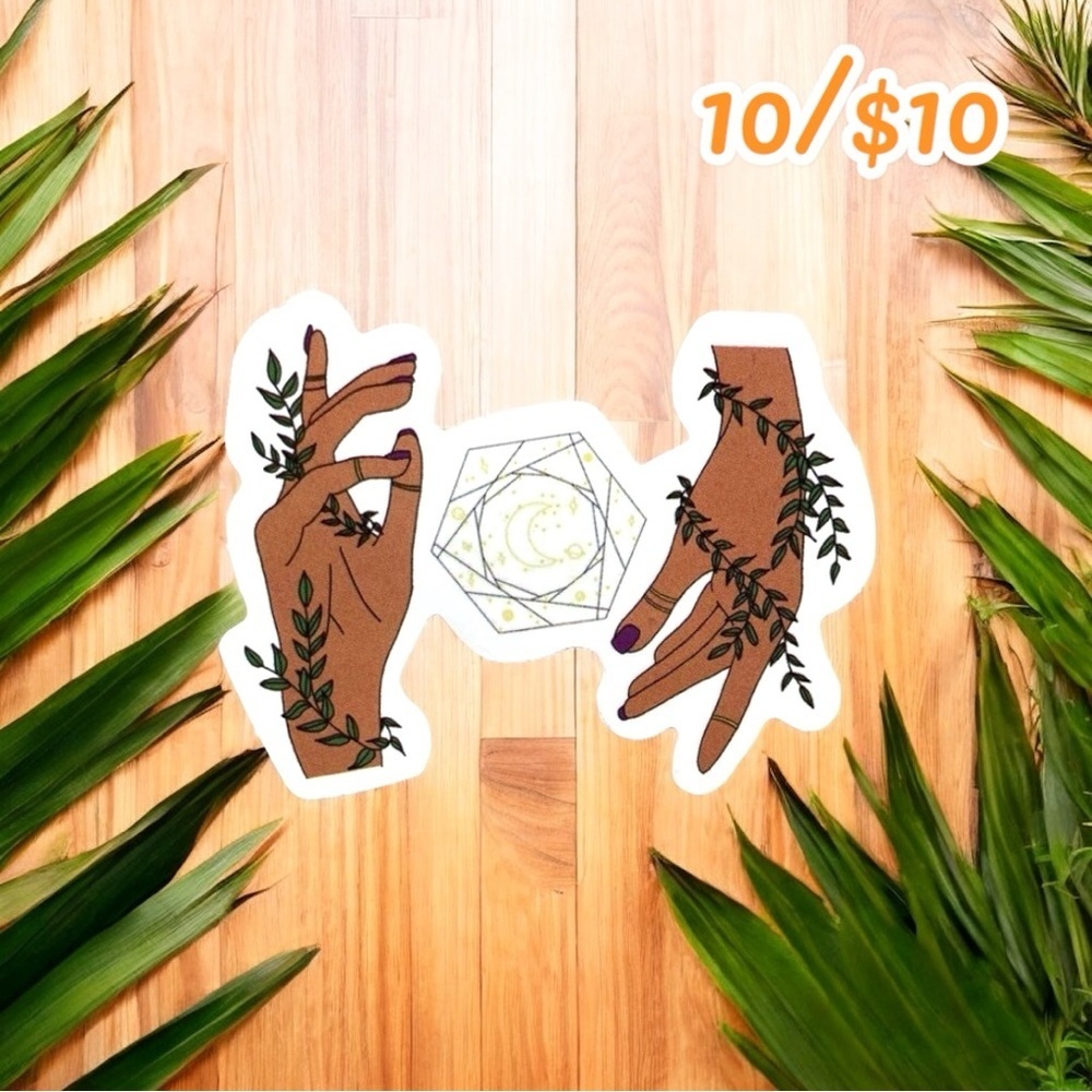 Mystical Hands & Moon Crystal Sticker – Witchy Botanical Magic (Approx. 2”)
